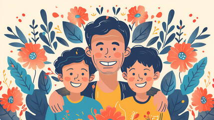 Dad and two sons Illustration together, Generative Ai