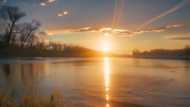 river with sunset landscape. 4k video animation