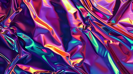Vibrant Metallic Holographic Foil Texture: Neon Purple, Green, Orange - obrazy, fototapety, plakaty