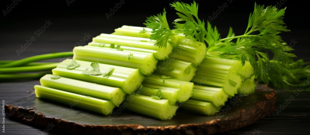 Wall mural Fresh green celery stalks are neatly stacked on a natural wooden cutting board