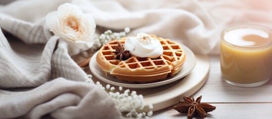 Delicious waffle topped with fluffy whipped cream and flavorful anise served on a ceramic plate