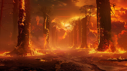 A surreal landscape where flames dance around a protective barrier,