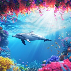 A 4K Nashid Chroma artwork of a dolphin swimming through a coral reef obstacle course, displaying agility and vibrancy