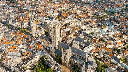 Ghent, Belgium. Cathedral of Saint Bavo. Panorama of the central city from the air. Cloudy weather,...