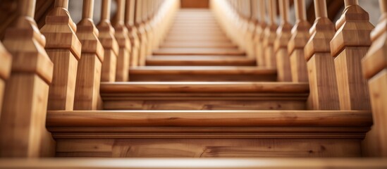 A close-up view of a set of wooden stairs featuring a wooden handrail for safety and support