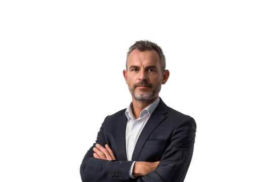 Portrait of confident man with arms crossed and serious face isolated on transparent png background. Confidence, pride and mature businessman as proud and professional business owner as a CEO