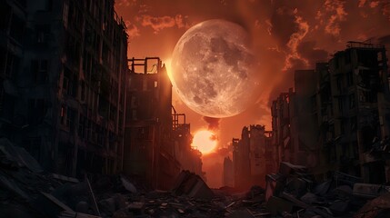 Dystopian Horizon: Abandoned Cityscape Amidst Lunar Sky and Sunrise