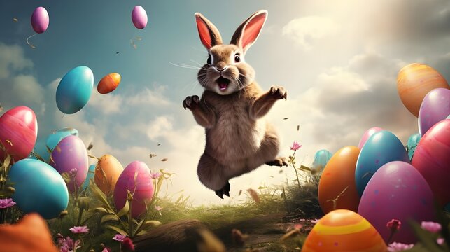 happy Easter bunny jumping with joy with many Easter eggs, Generative AI
