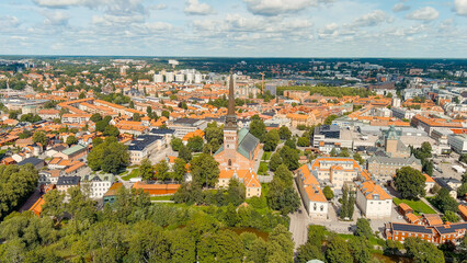 Vasteras, Sweden. Westeros Cathedral. Panorama of the central part of the city. Summer day, Aerial View