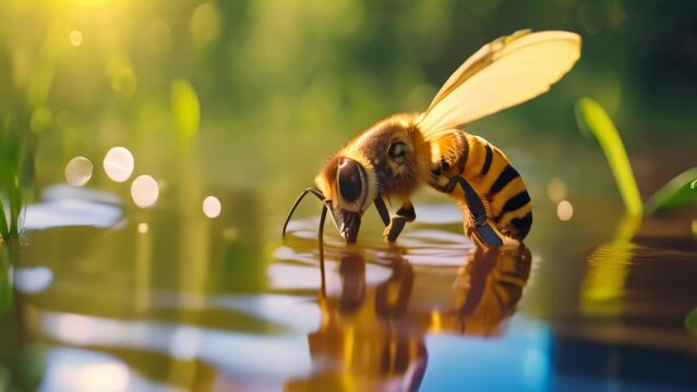 Bee drinks water at pond. 4k video animation