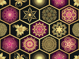 Vector hand drawn seamless geometric pattern of hexagons iwith golden mandalas and flowers
