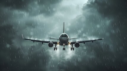 Inclement Weather Flight: Plane Endures Storm with Heavy Rain and Overcast