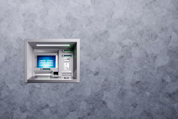 ATM on the background of gray wall. 3D rendering.