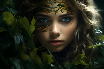 Attractive face of girl with leaf in leafy area dark green - obrazy, fototapety, plakaty
