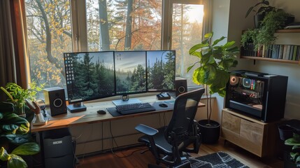 A high-tech home office setup featuring dual monitors, a powerful PC, and speaker system, complemented by a scenic nature view outside.