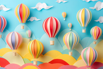 Papercraft art image of a vibrant paper air balloons, rows of colorful air balloons, Generative AI