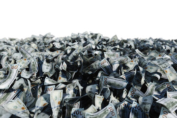 Mountain, pile of dollars on white background, very many paper bills. Concept of winning the lottery, inheritance, investment, passive income. 3D rendering.