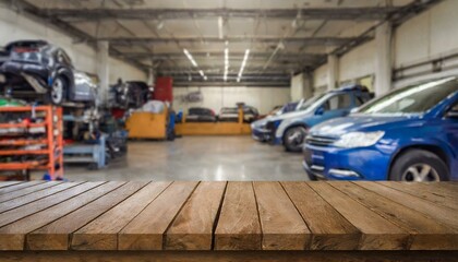 garage in the city, Empty Wooden table with copy space and car work shop in the background, Ai Generate