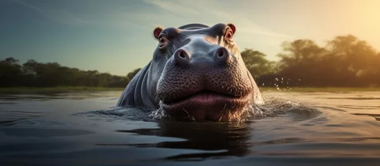 Foto op Plexiglas A large aquatic mammal known as a hippopotamus is submerged in the water with its mouth wide open © AkuAku