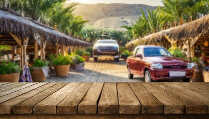 Fototapeta premium Empty Wooden table with copy space and car work shop in the background, Ai Generate