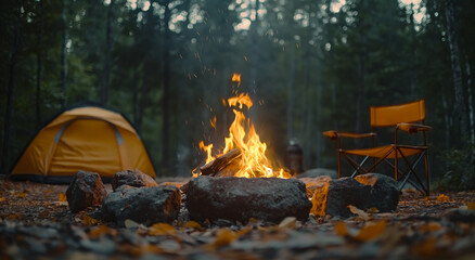 A campfire is lit in front of a tent and a chair
