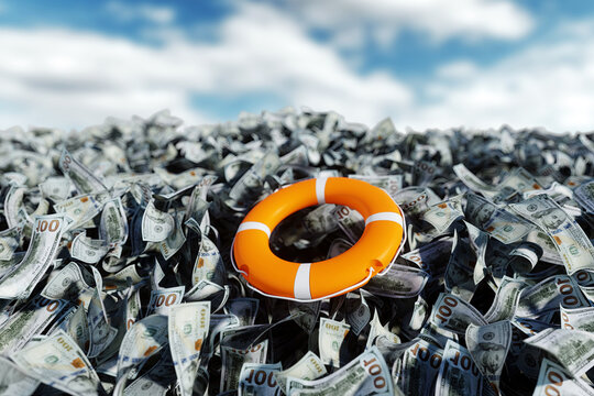 A lifeline on a pile of money, the concept of help and security in finances. 3D rendering.