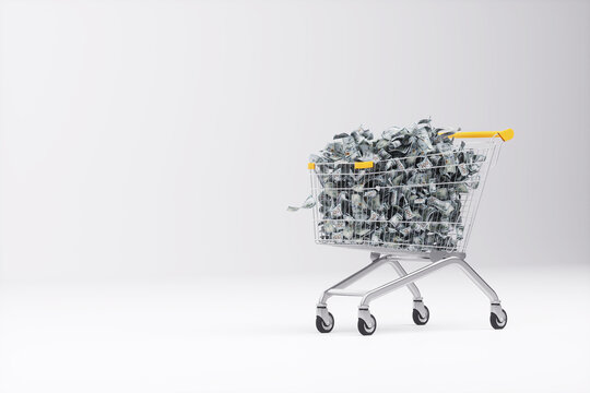 Store cart filled with American dollars, lots of paper bills. 3D rendering.