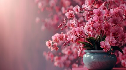  Pink vase on wooden table with pink flowers on wall in background