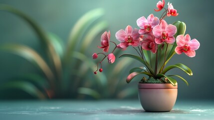   A pot on a table holds pink flowers, while a nearby planter also boasts pink blossoms - obrazy, fototapety, plakaty