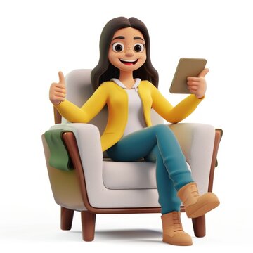 3D Render of a cheerful cartoon woman sitting on a chair, holding a tablet in one hand and giving a thumbs up with the other, on isolated white background, Generative AI