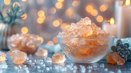   A bowl containing numerous pieces of ice sits beside a pine cone positioned atop a table