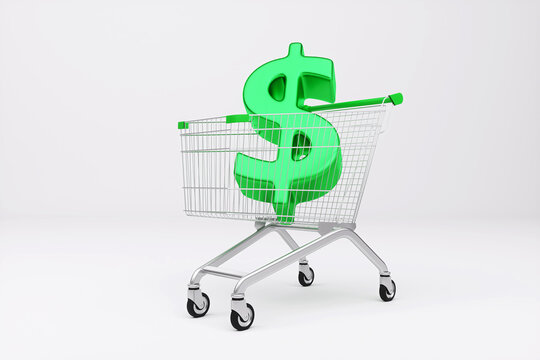 Dollar sign in a shopping cart. 3D rendering.