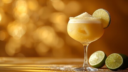   A close-up of a wine glass filled with a drink, featuring a slice of lime and a separate lime - obrazy, fototapety, plakaty