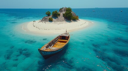   A boat rests atop a blue sea adjacent to a tiny island amidst a water expanse - obrazy, fototapety, plakaty