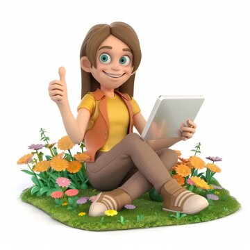 3D Render of a happy cartoon woman sitting in a garden, using a tablet and expressing approval with a thumbs up, on isolated white background, Generative AI