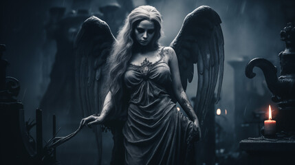 The scary woman angel of death is haunted by a graveyard - obrazy, fototapety, plakaty