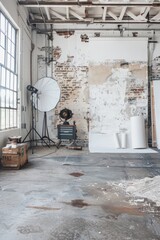 A warehouse studio transformed into a photography space, with backdrops, lighting rigs, and props for capturing stunning images, Generative AI