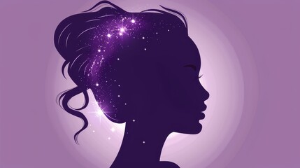   Woman's silhouette with purple background, stars in hair