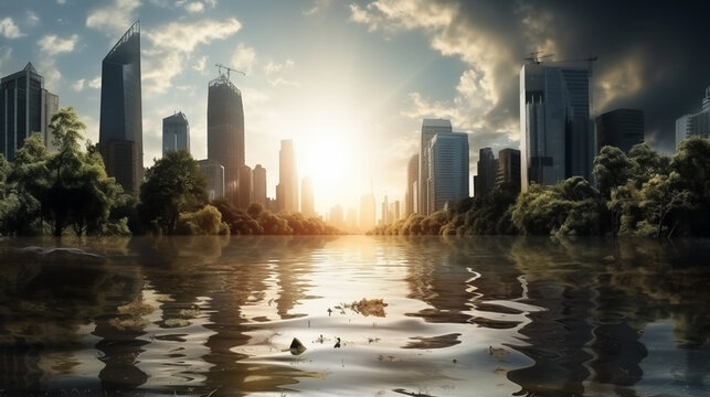 Urban flooding resulting from global warming, showcasing the genuine visual impact of climate change induced rising waters submerging a city. Global warming, Climate change concept	