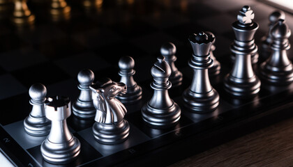 Siver chess pieces aligned on glossy board