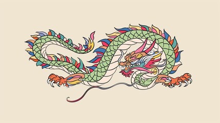   A vibrantly colored dragon on a beige canvas with an extended tail