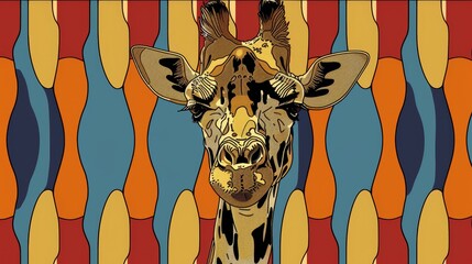   Giraffe in multicolored background with bird on head