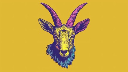   Goat head with long horns and a purple-blue color scheme on a yellow background