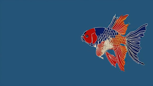   Red, white, and blue fish on blue background with white outline at bottom of image