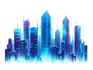 Blue neon city skyscrapers modern technology concept flat vector, isolated on white background