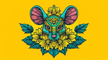   A yellow rat with flowers and leaves around its head on a yellow background