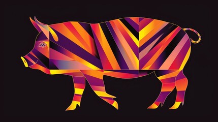   A vibrant pig on a dark backdrop, adorned with stripes of red, yellow, purple, and orange