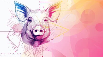   A picture of a pig's face on a multi-colored background featuring lines and spots