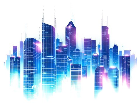 Blue neon city skyscrapers modern technology concept flat vector, isolated on white background