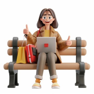 3D Render of a satisfied cartoon woman sitting on a bench, shopping online with a tablet and giving a thumbs up, on isolated white background, Generative AI
